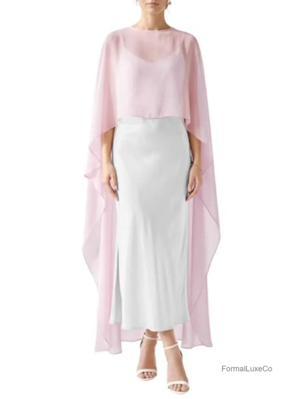 Elegant Long Cape Shawl Sheer Chiffon Bridal Cover Up Pearl Button Closure